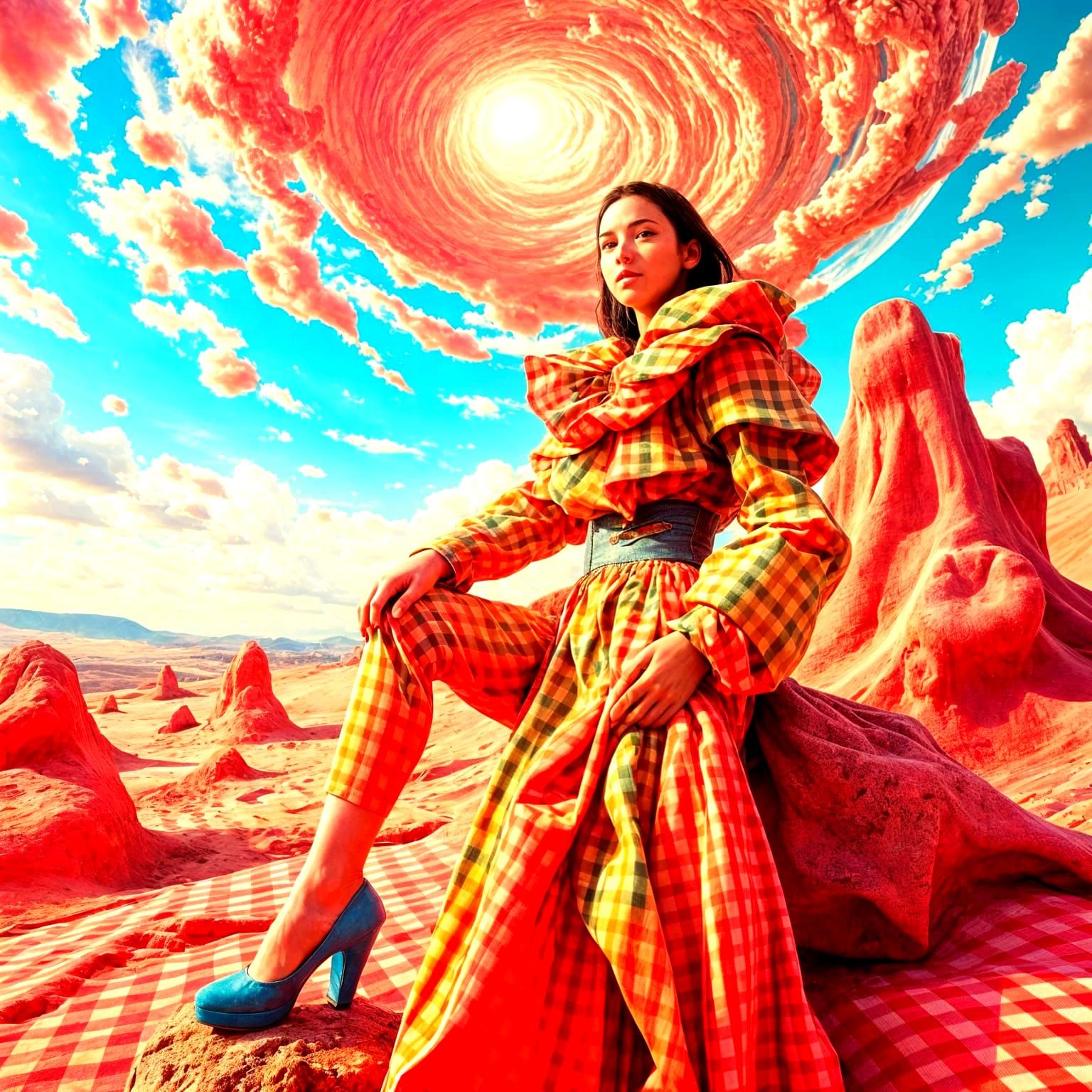 Surrealist Gingham Landscape in Hyperrealistic Style