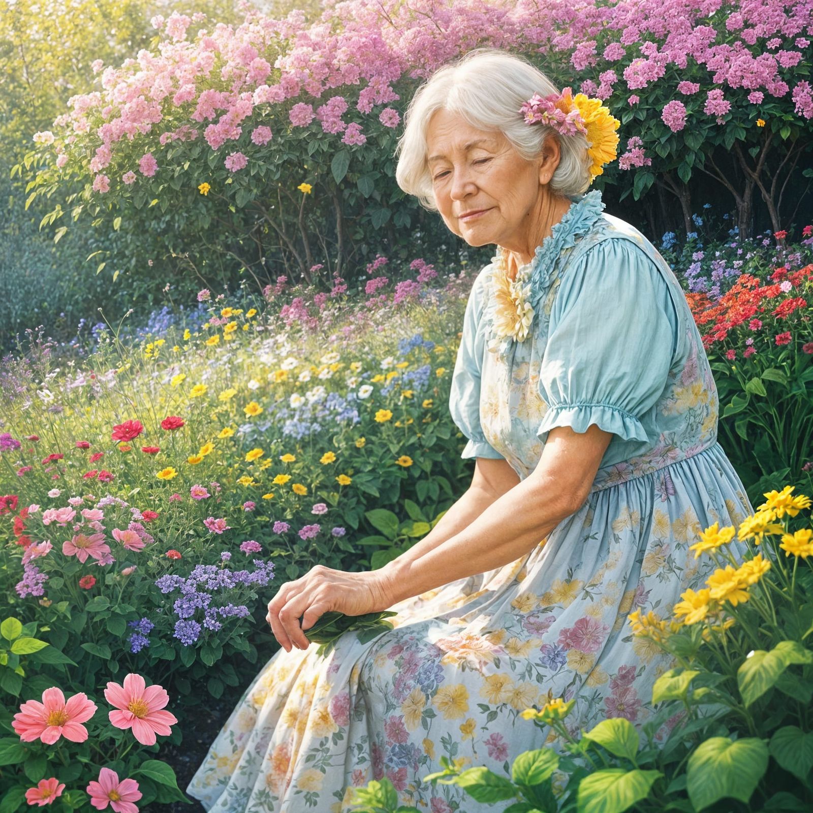 Golden Hour: Elderly Woman in Vibrant Garden