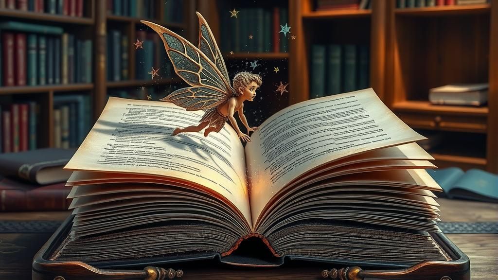 Pixie Emerges from Magical Book in Library