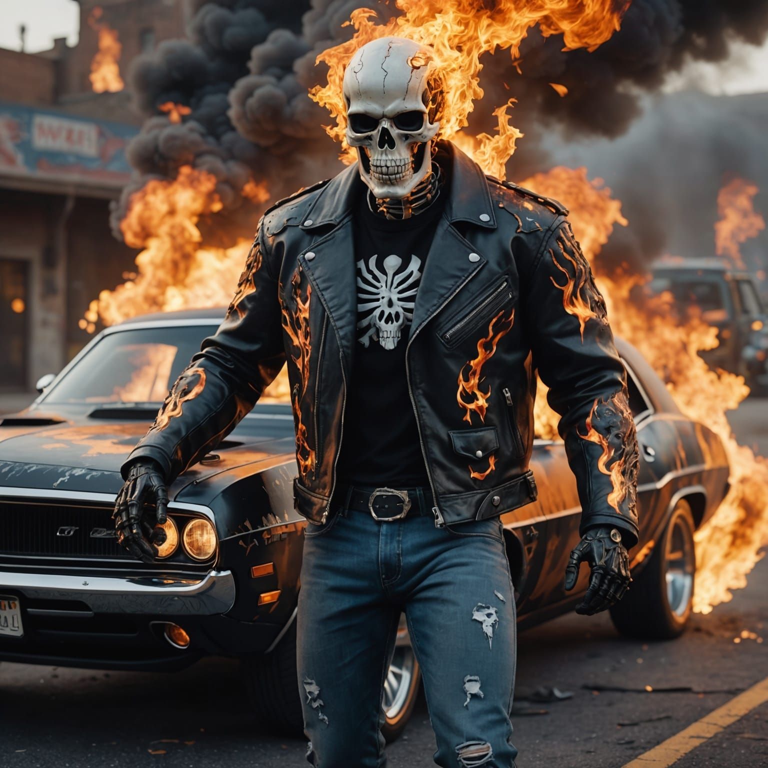 Fiery Skeleton Rider in a Dodge Challenger