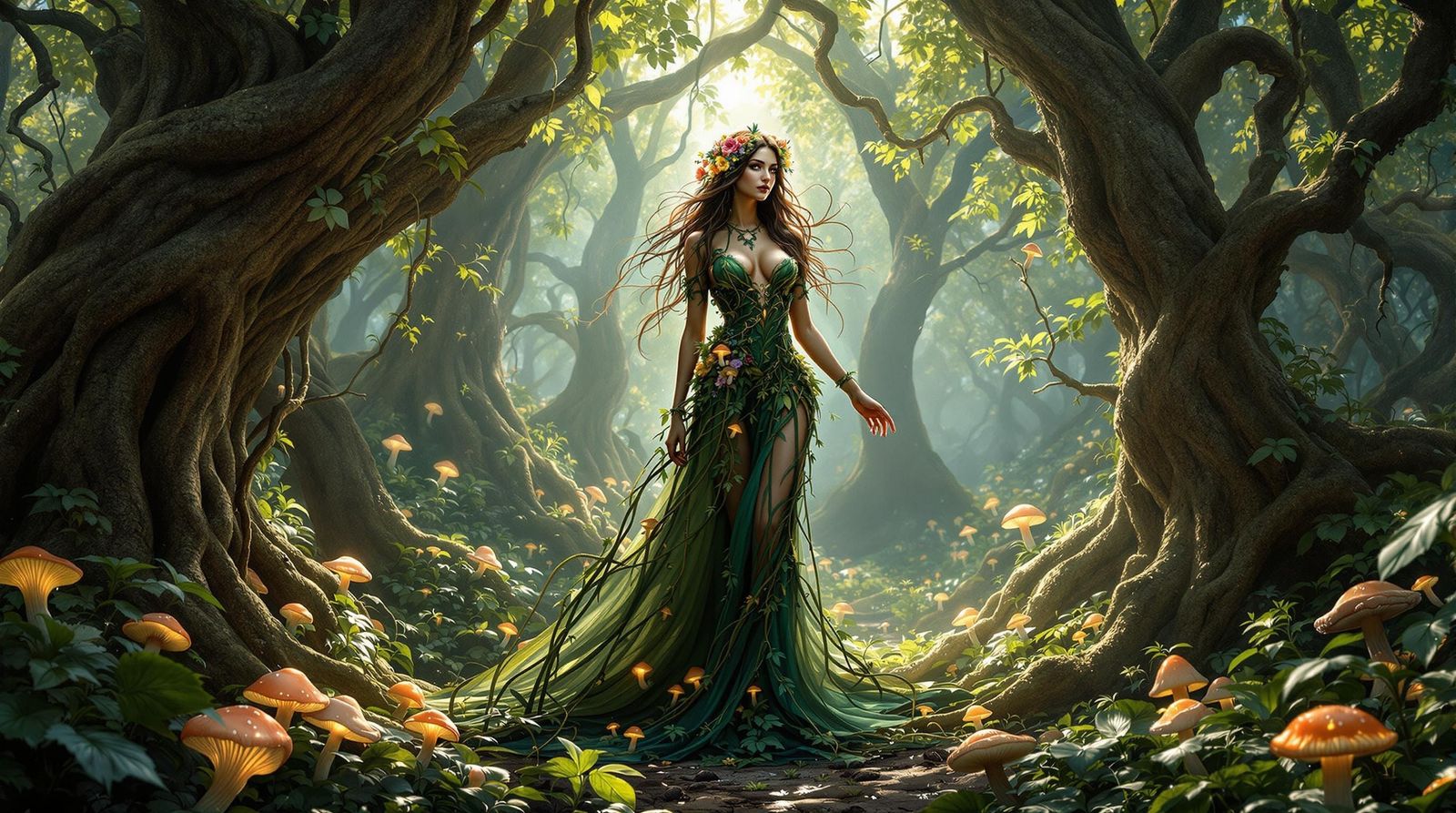 Druidess in Ancient Forest, Art Nouveau Style