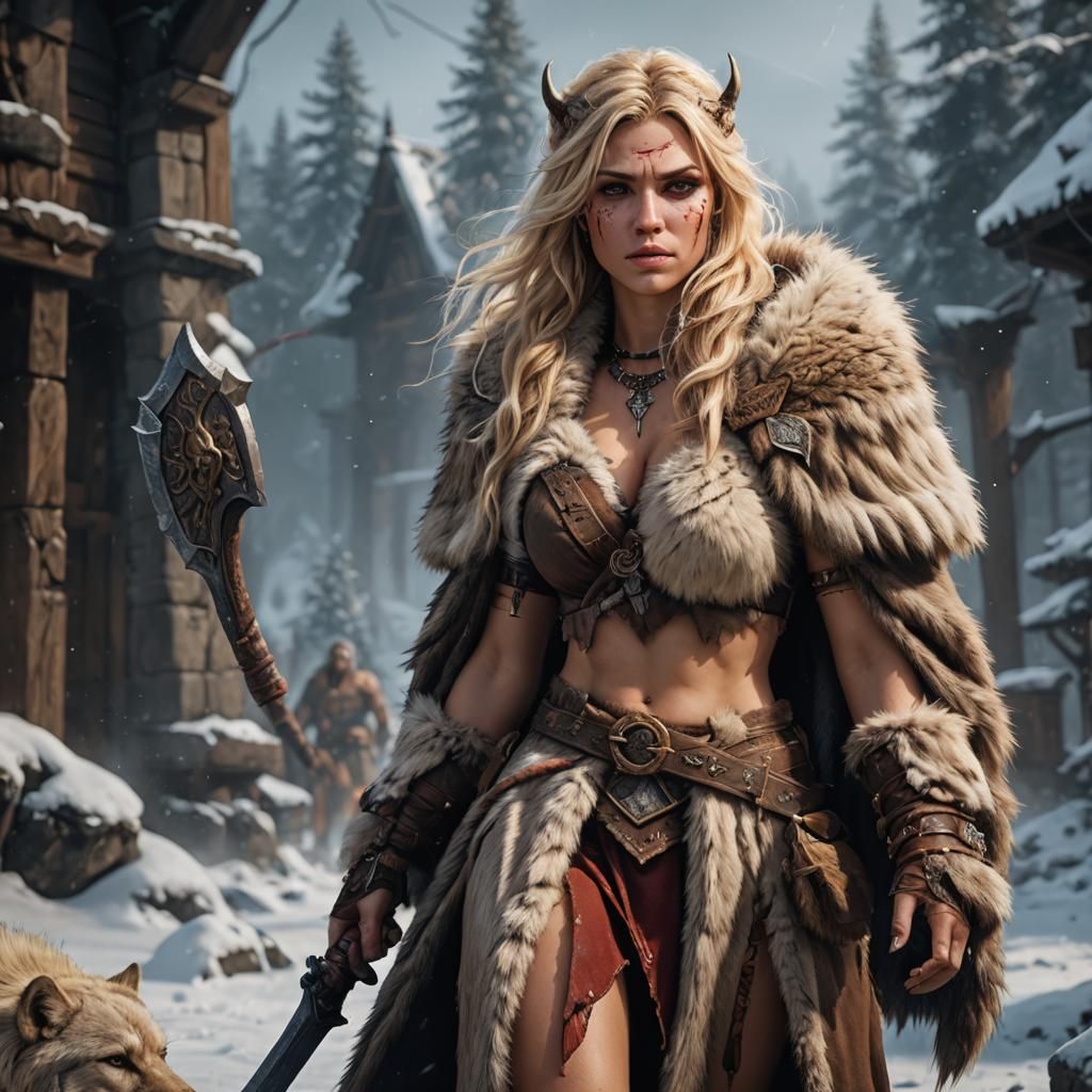 Blonde Barbarian Woman in Detailed Matte Painting