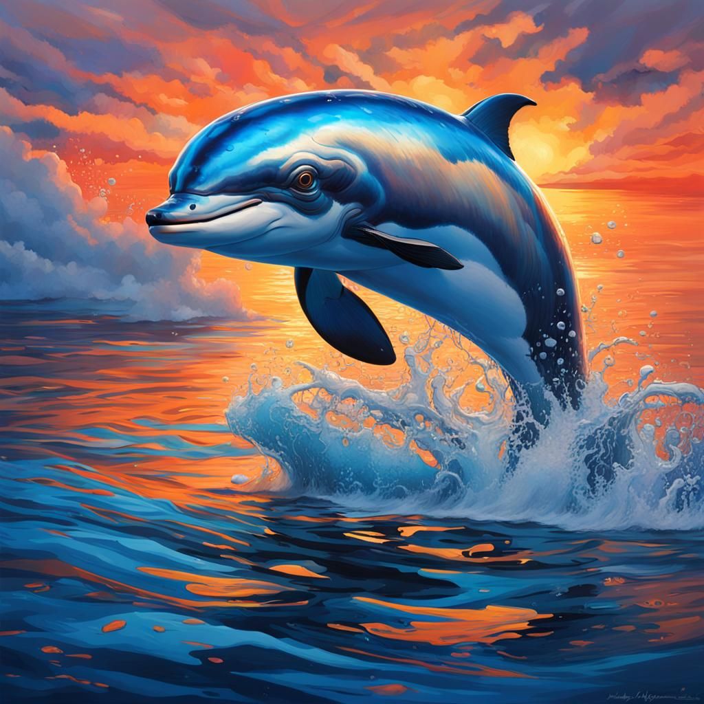 Blue Dolphin Leaps at Sunset: Hyperrealistic Splash Art