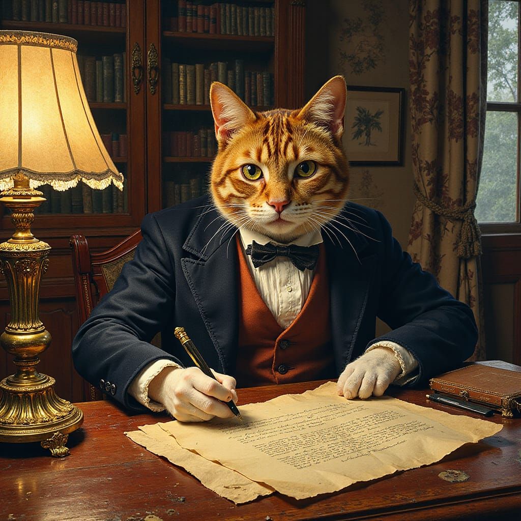 Regal Feline Author in Vintage Study