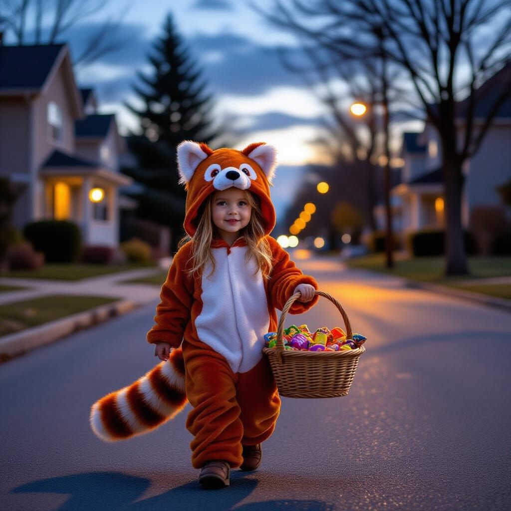 Girl in Red Panda Costume with Candy Basket