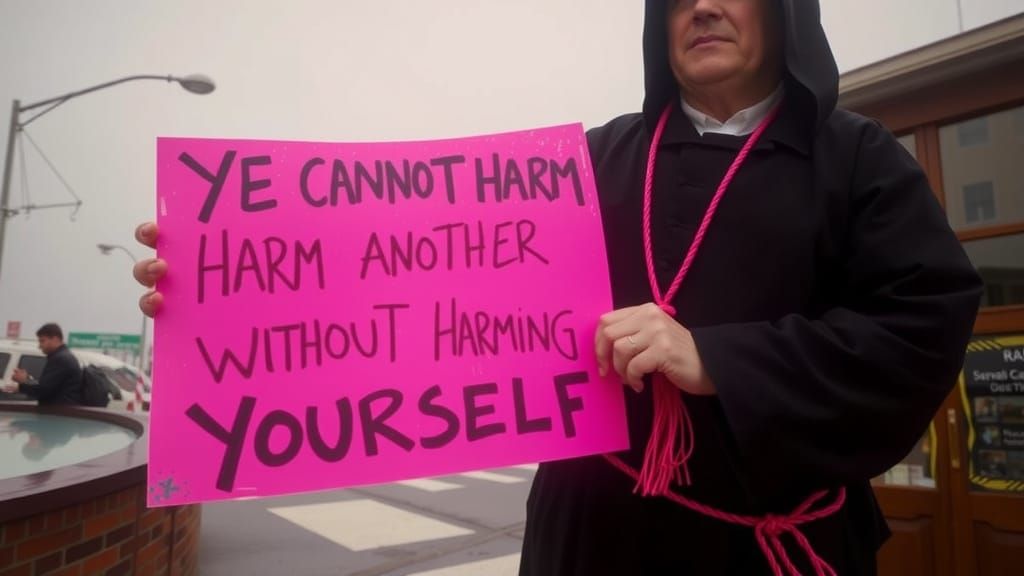 Monk Preacher Holds Glowing Sign Under Overcast Sky
