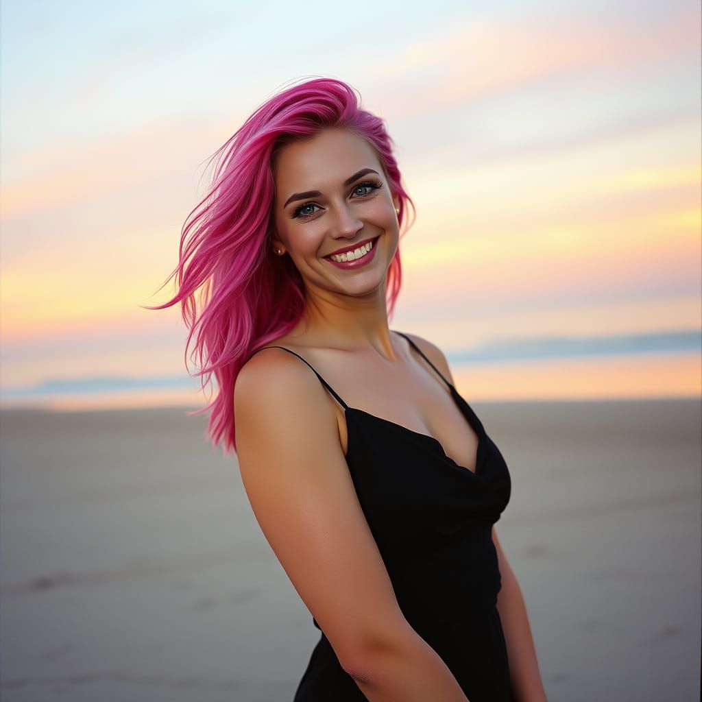 Woman with Pink Hair on Serene Beach at Sunset