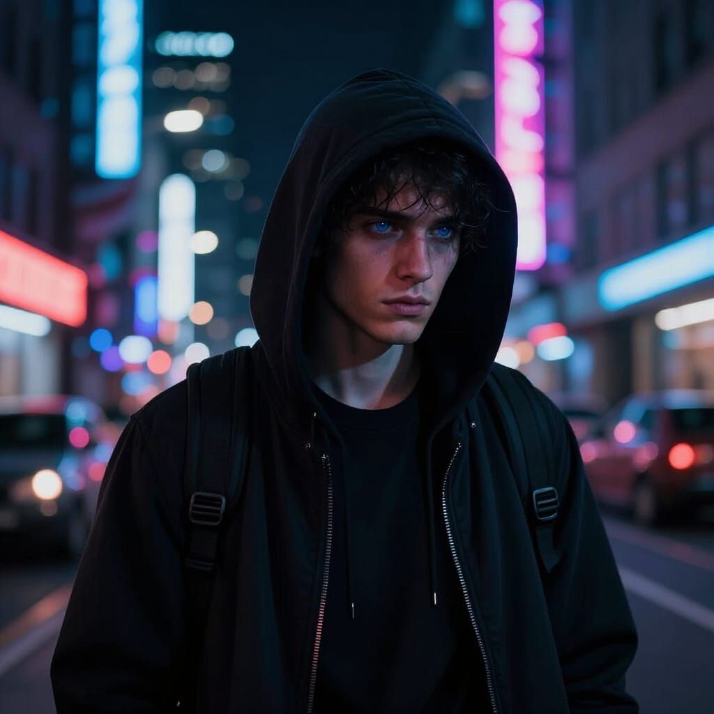 Figure in Neon City Street at Midnight