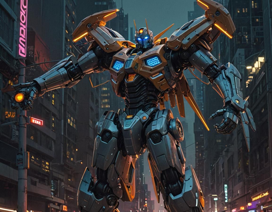 Towering Robot in Neon Cityscape: Digital Art