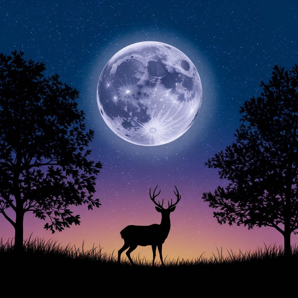 Deer Silhouette Under Moon in Surreal Digital Art Style