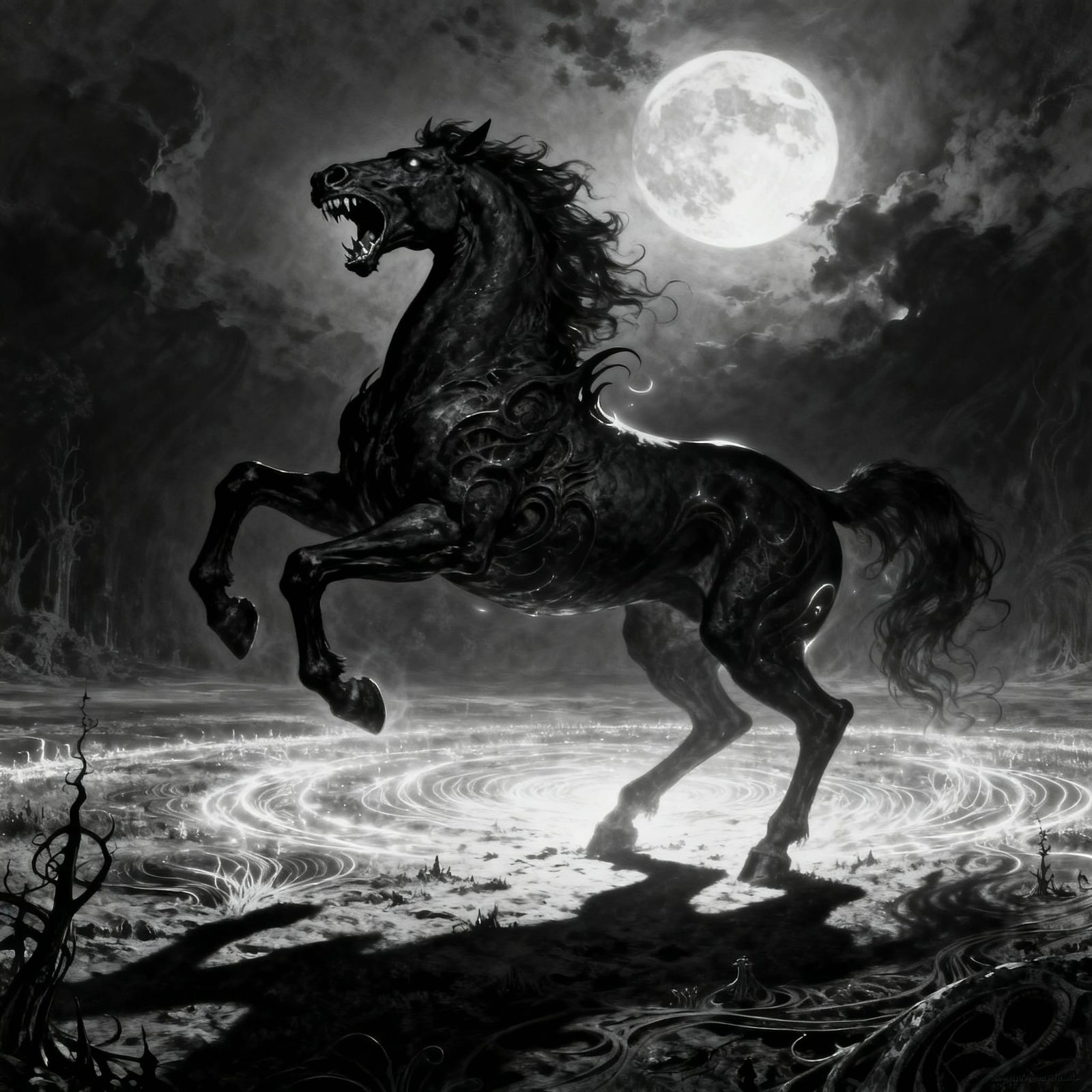 Mythical Horse Rears in Ethereal Moonlight