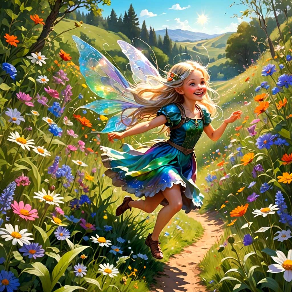 Fairy Riding a Mouse in Flowery Meadow, Digital Art