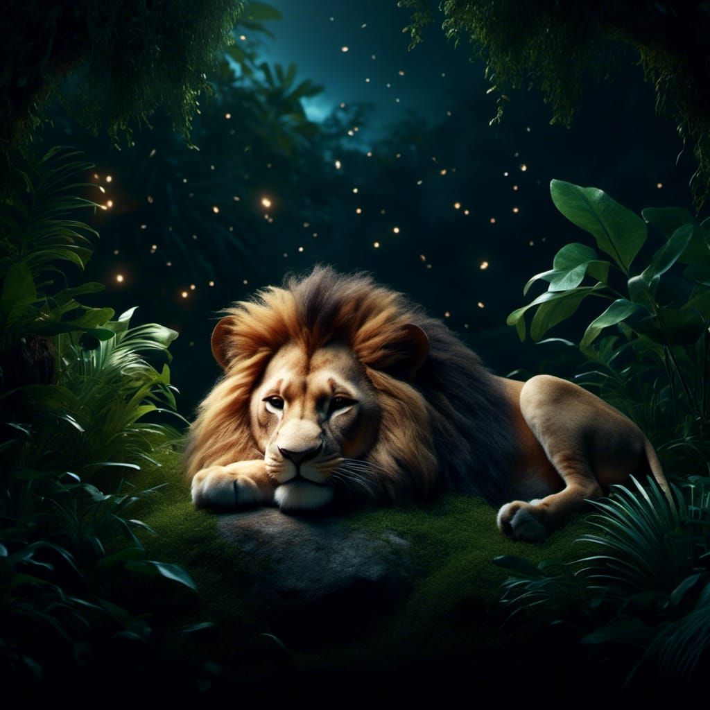 Lion Sleeps Like Kitten in Jungle Night