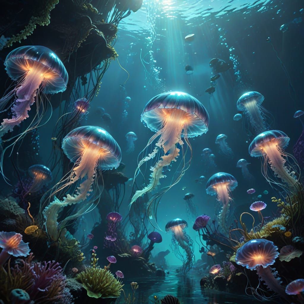 Mermaids in Bioluminescent Ocean: Digital Matte Painting