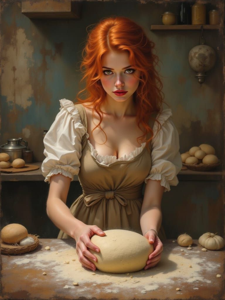 Redhead Baker Kneading Dough in Bustling Kitchen