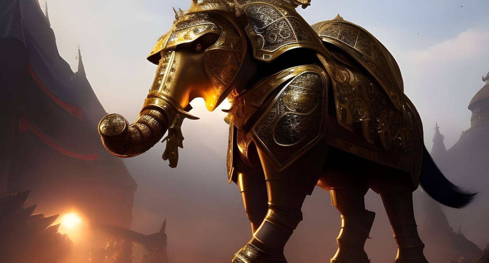 Golden Elephant Knight on Battlefield: Fantasy Art