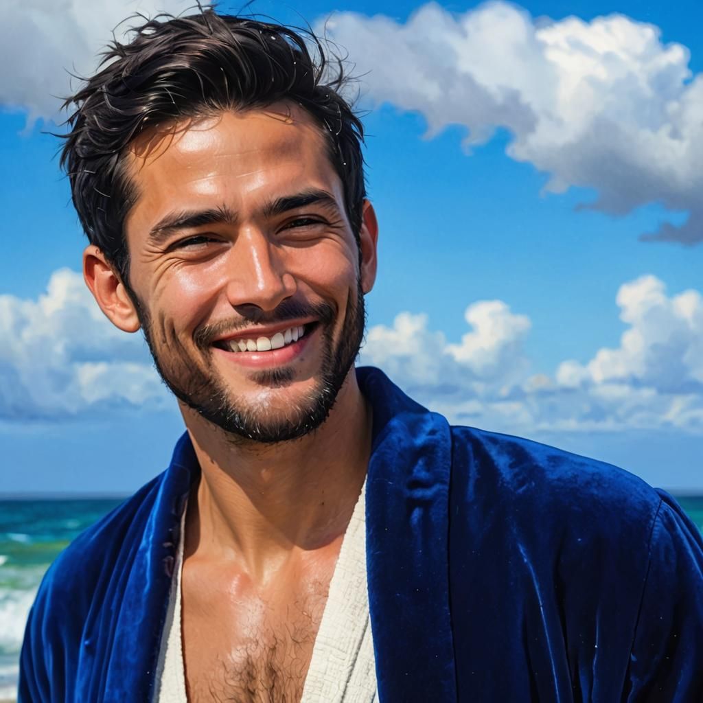 Man in Blue Bathrobe, Neo-Impressionist Oil Painting