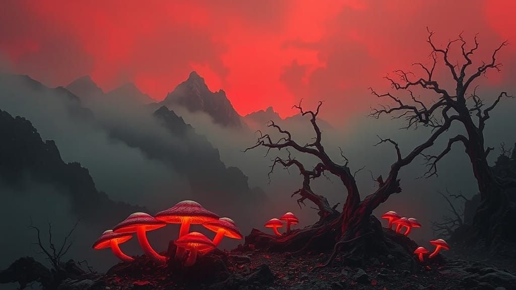 Surreal Mountains in a Haunting, Blood-Red Atmosphere