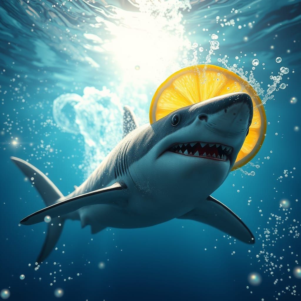 Surreal Underwater Scene with Shark and Lemon in Vibrant Blu...