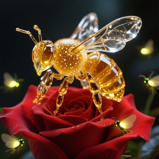 Crystal Honey Bee on Red Rose with Fireflies