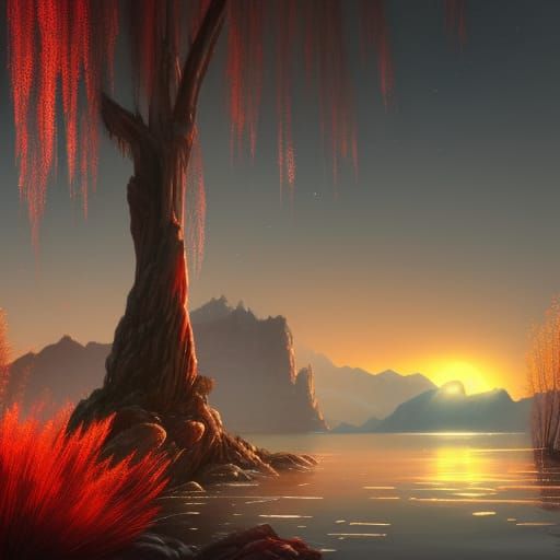 Glowing Weeping Willow in Lake at Sunset