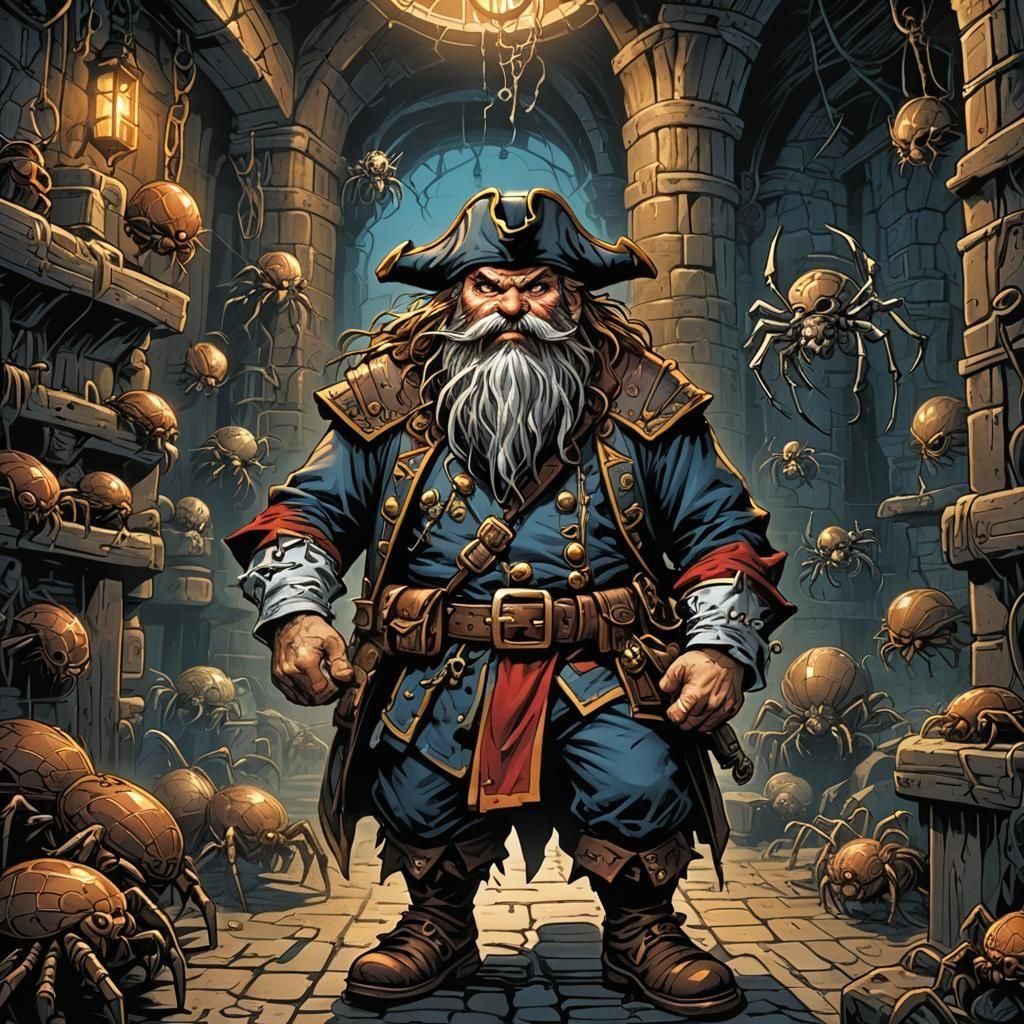 Dwarf Pirate's Dungeon Spider Encounter in Comic Book Style