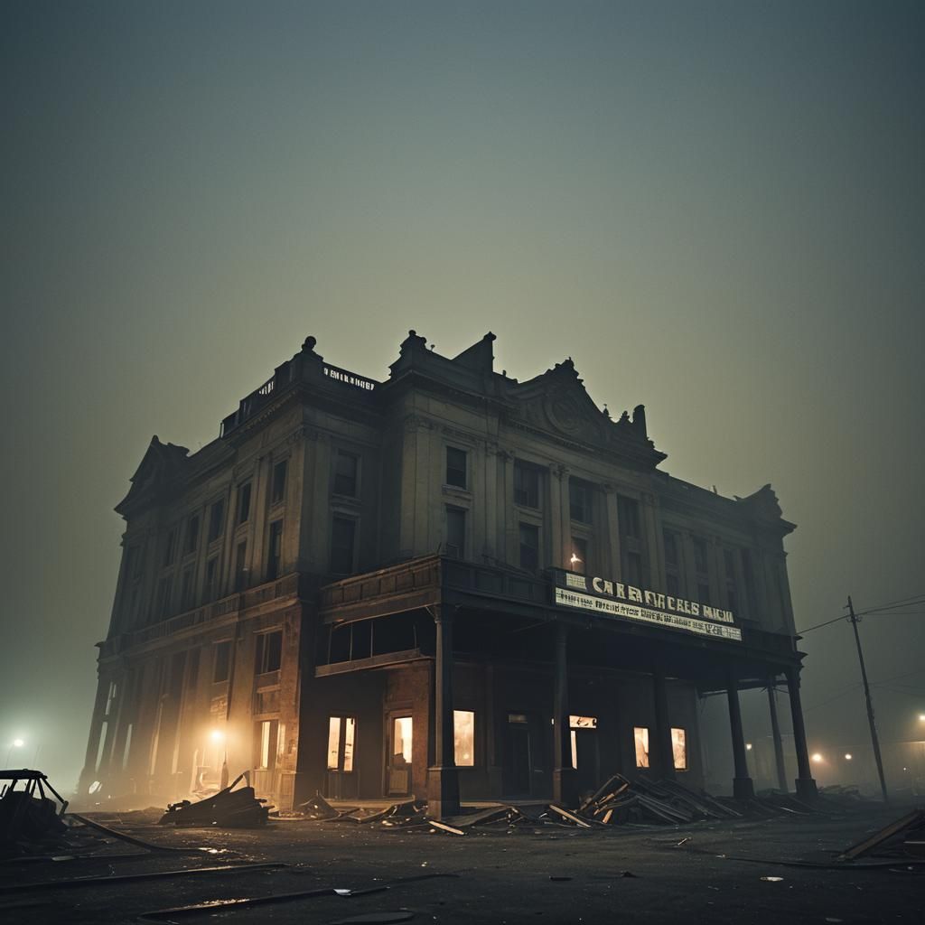 Burned Theater in Fog: Cinematic Still
