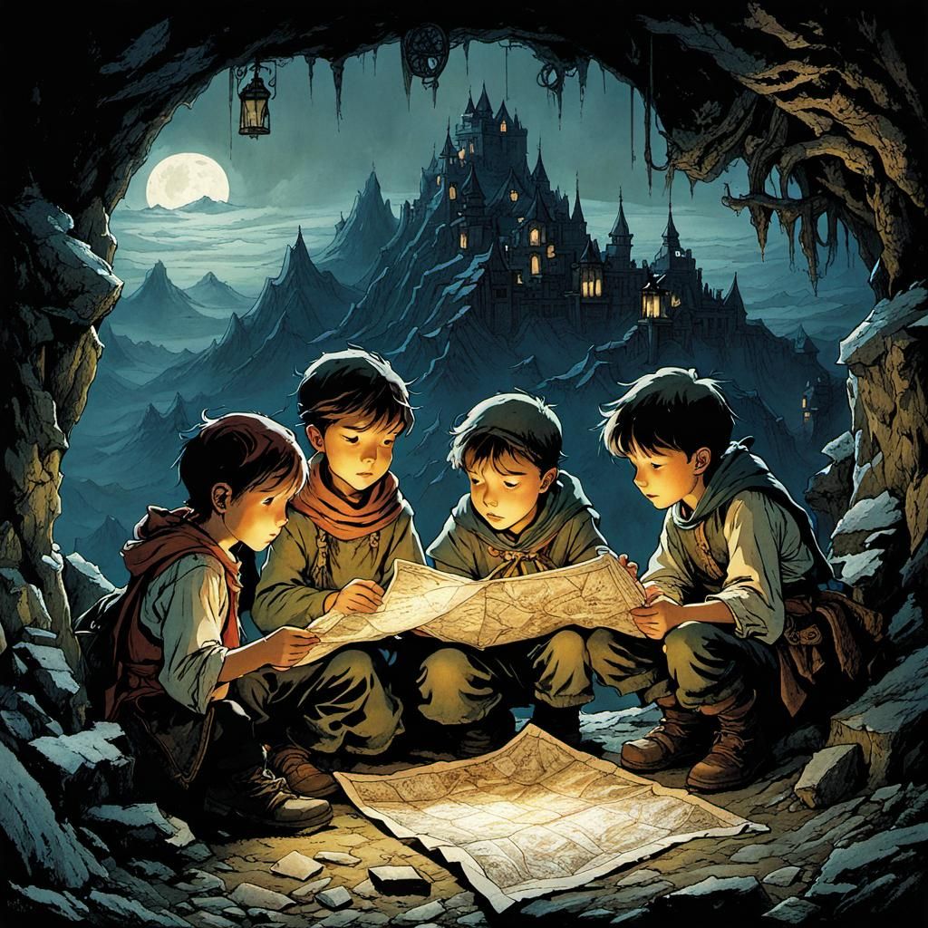 Siblings Discover Treasure Map in Dungeon, Fantasy Art