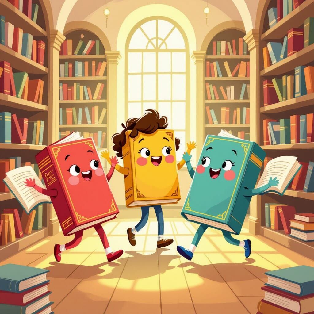 Joyful Dancing Books in a Whimsical Library Illustration