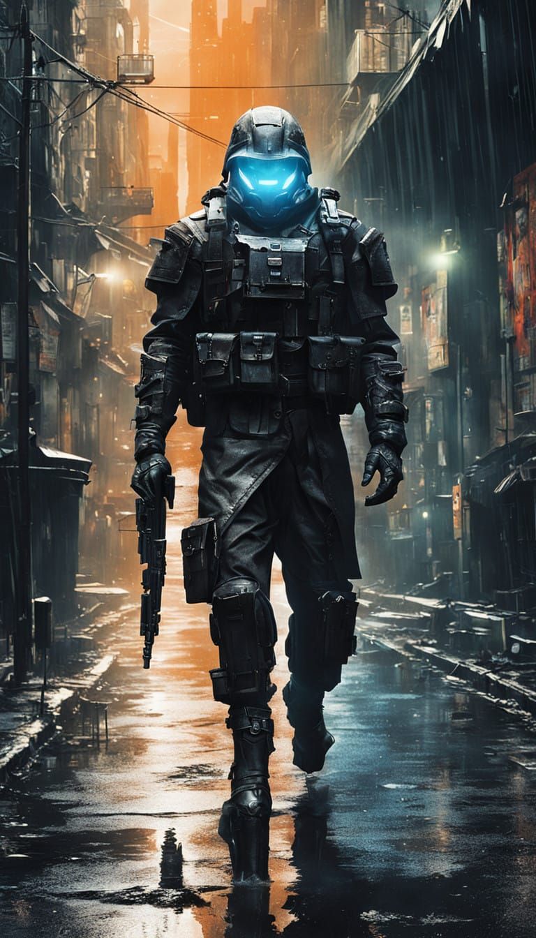 Cyberpunk Warrior Navigates Rainy Alleyway