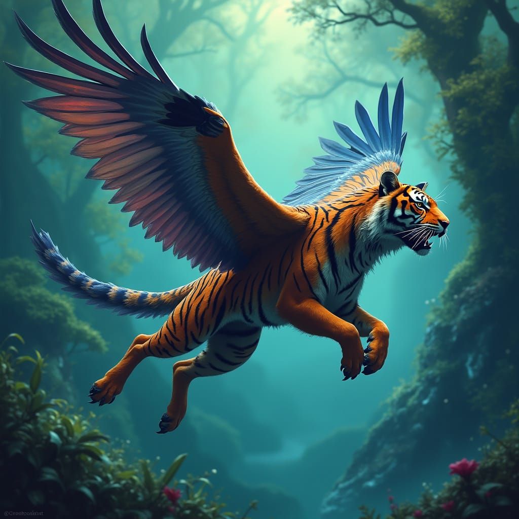 Mystical Hybrid Creature Soaring in Emerald Realm