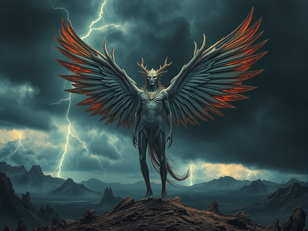 Majestic Winged Being in Stormy, Dystopian Landscape