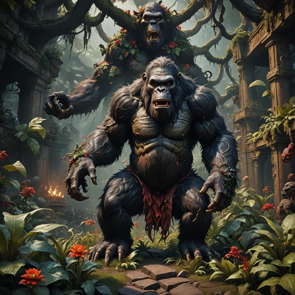 Demonic Ape in Hellish Garden: Fantasy Concept Art