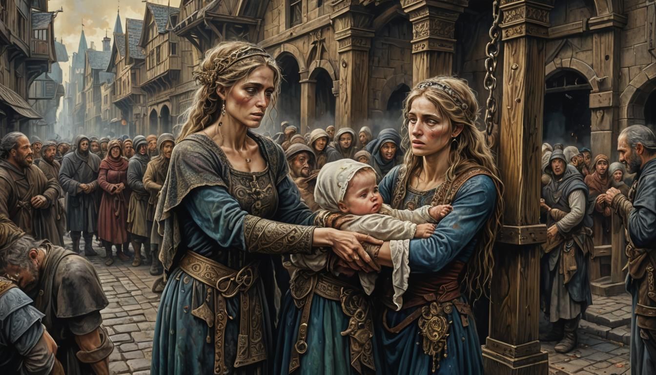 Humiliated Woman and Child Before a Medieval Pillory