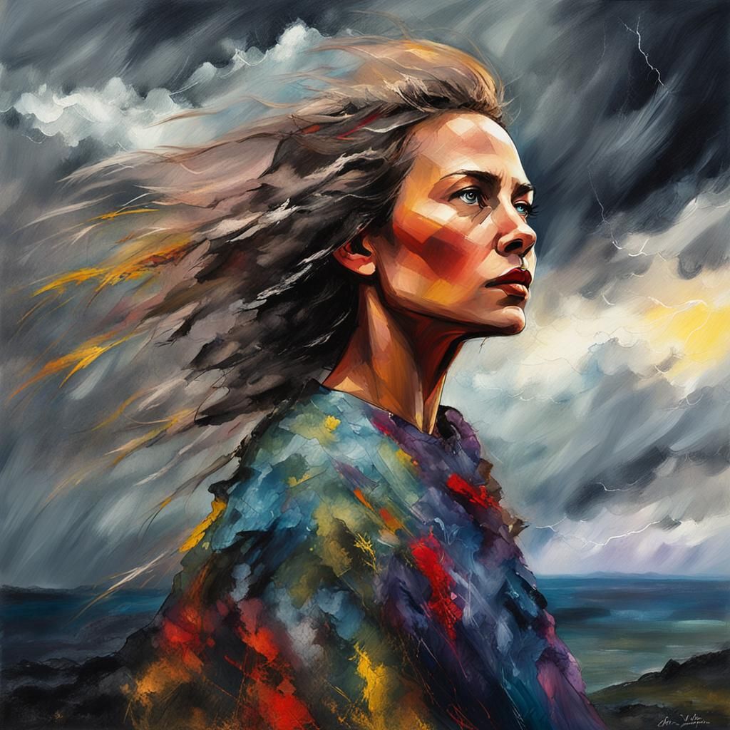 Woman on Cliff Edge in Dramatic Mixed-Media Art