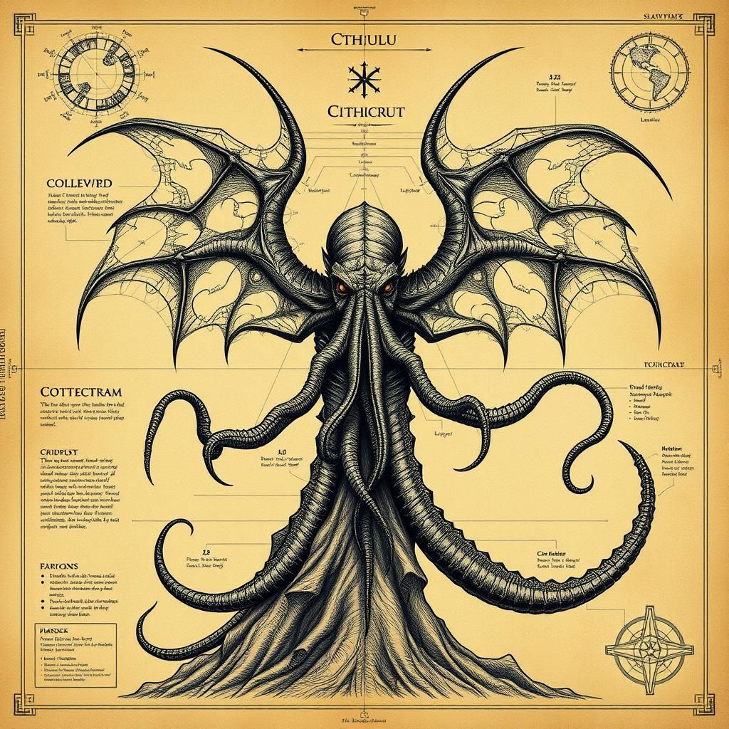 a detailed diagram blueprint sketch of Cthulhu, by HP Lovecr...
