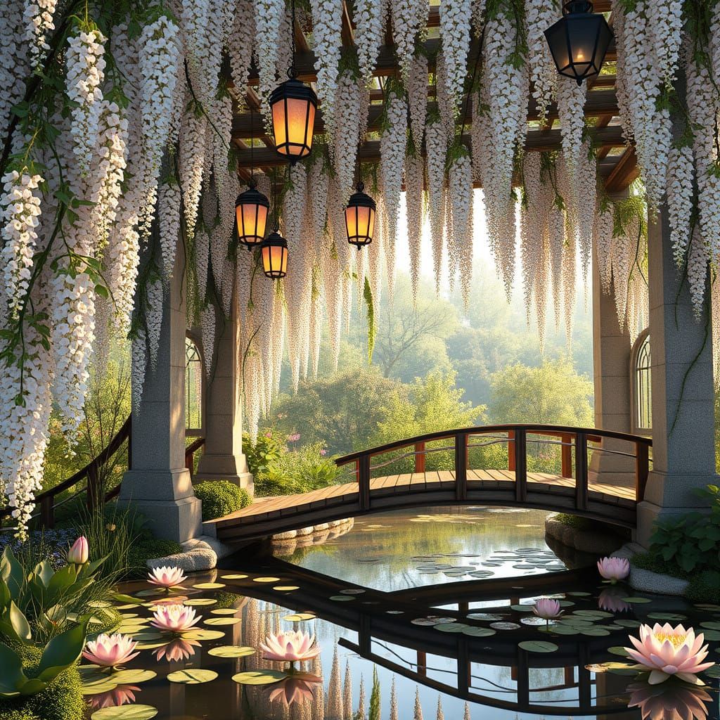 Elegant Garden Scene with Wisteria and Lanterns in Warm Ligh...