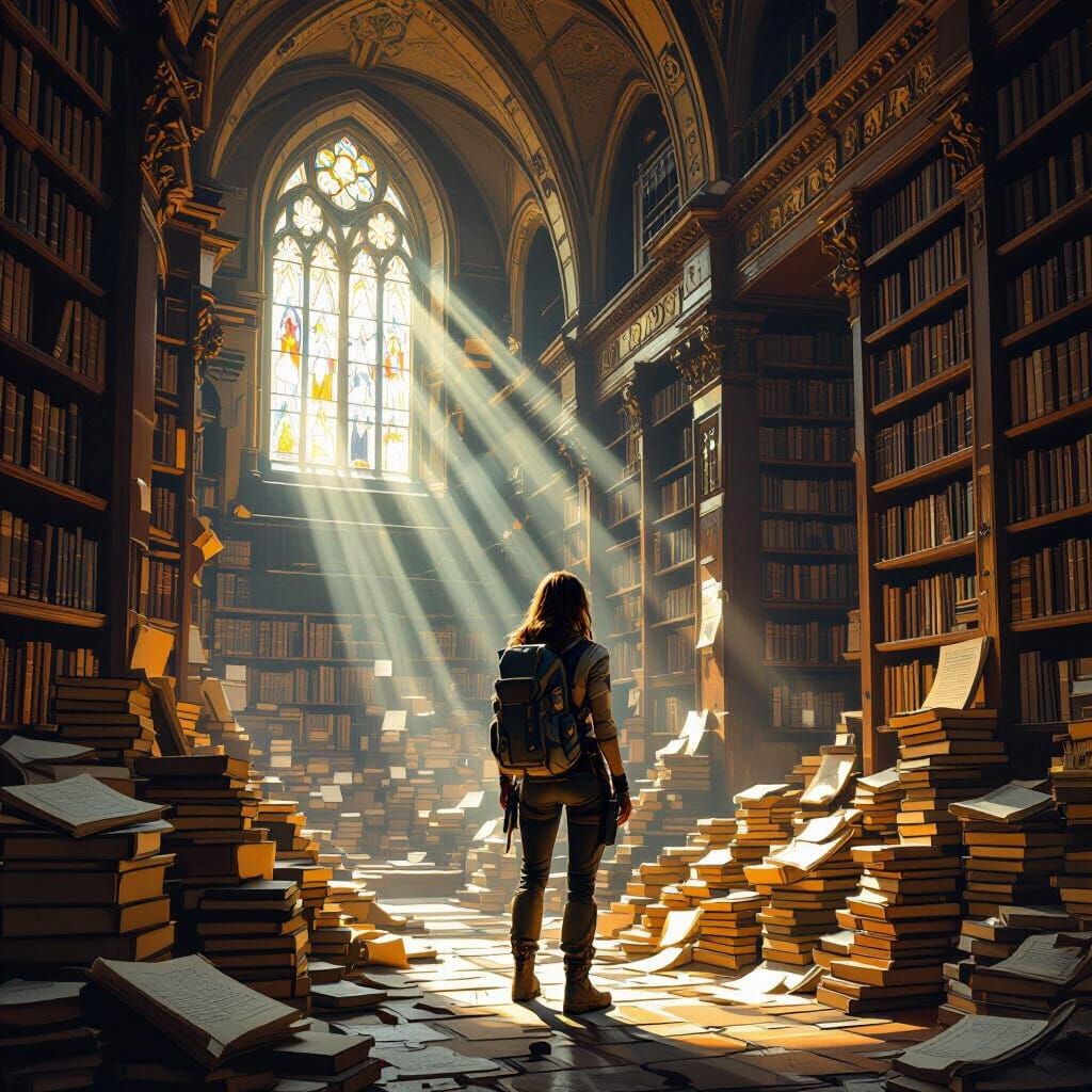 Explorer in Ancient Library Digital Painting