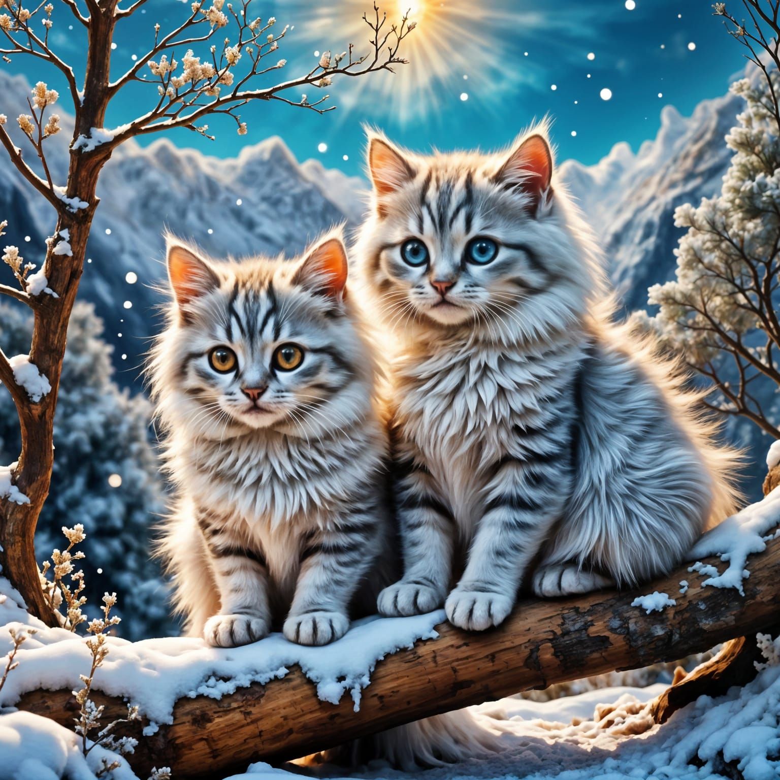 Persian Kittens in Dreamy Frosty Mountain Landscape