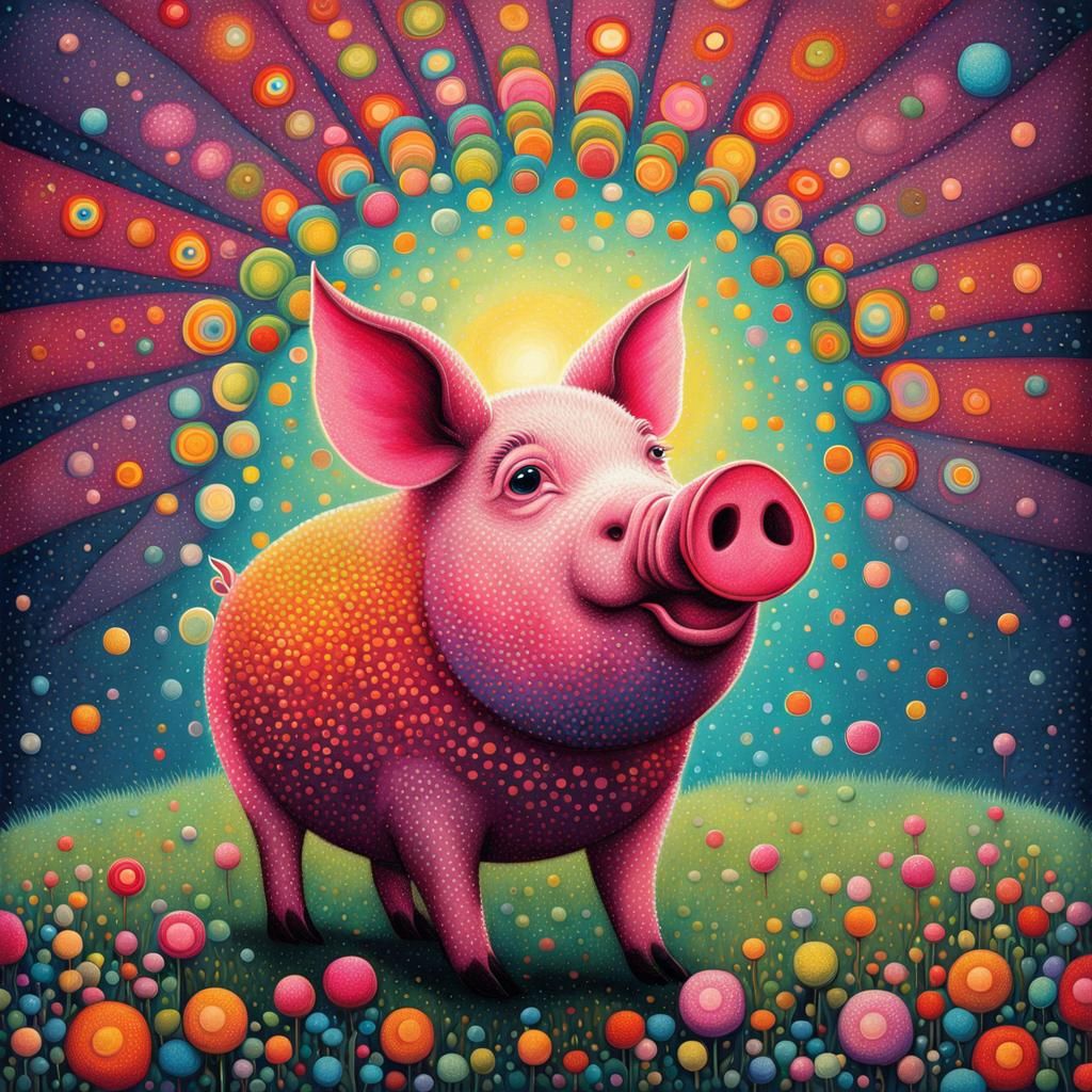 Whimsical Pig in Pointillism Style Digital Art