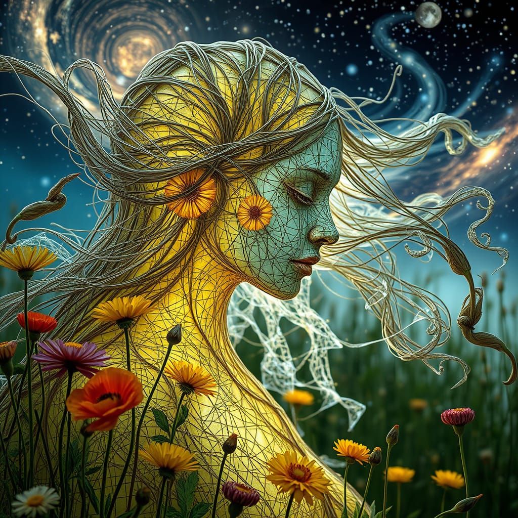 String Woman Kissing Garden: Eco-Art Portrait