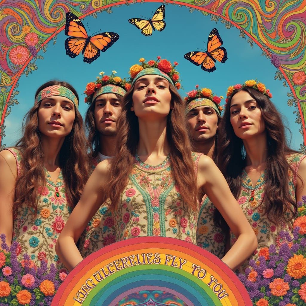 Psychedelic Rock Band in 1968 Flower Power Style