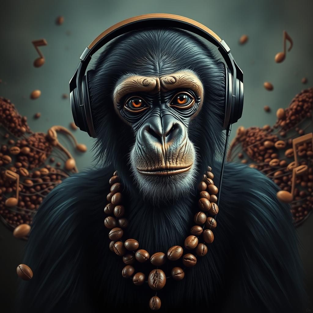 Hyperrealistic Chimpanzee Listening to Coffee Music
