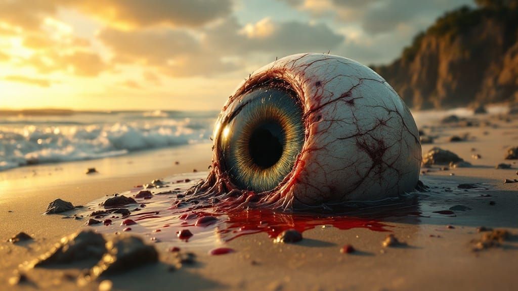 Decomposing Giant Eyeball on Sandy Beach