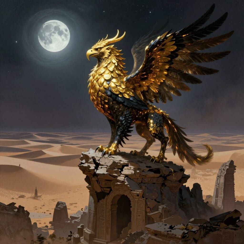 Majestic Griffin on Ancient Ruins Under Two Moons