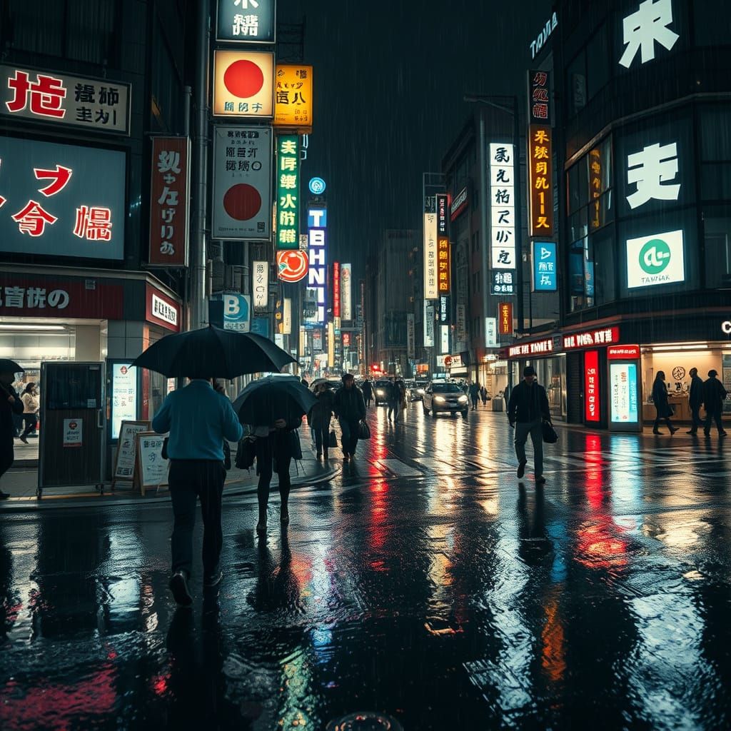 Rainy Tokyo Street at Night in Cinematic Style