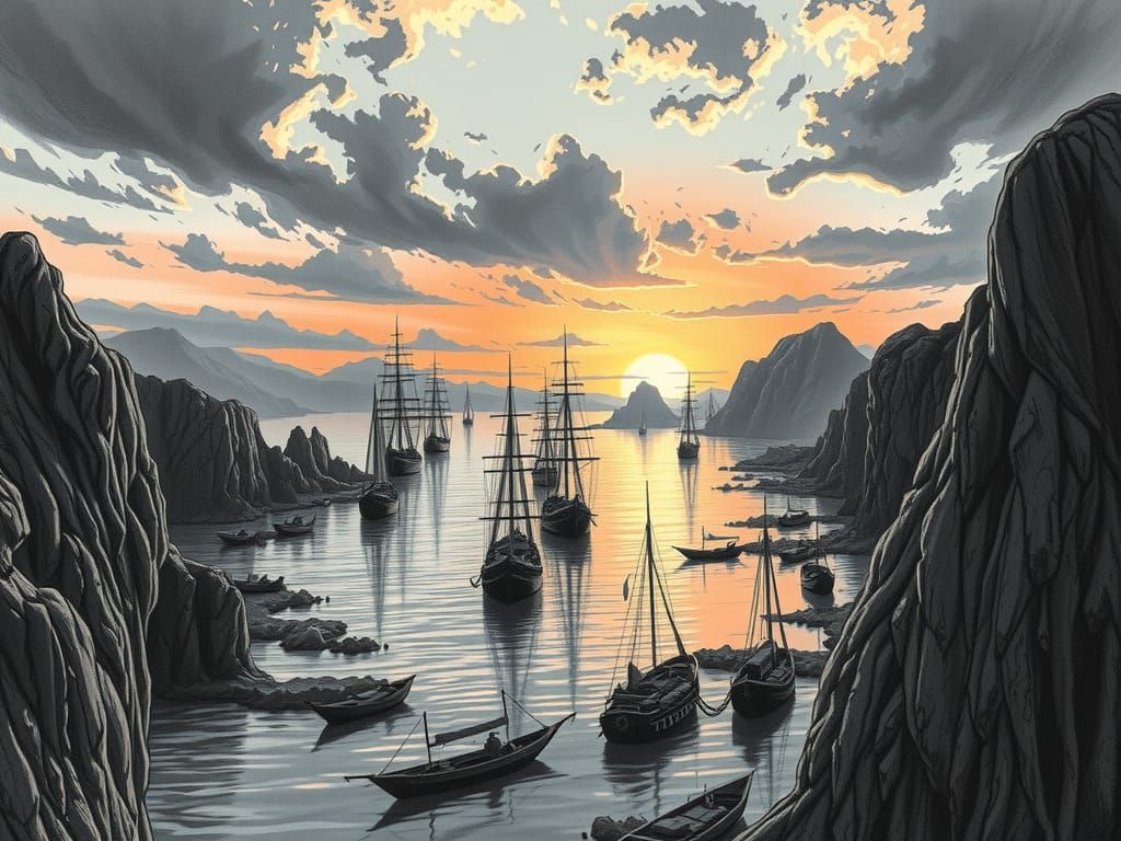 Fantasy Harbour at Sunset in Hyperdetailed Charcoal Style