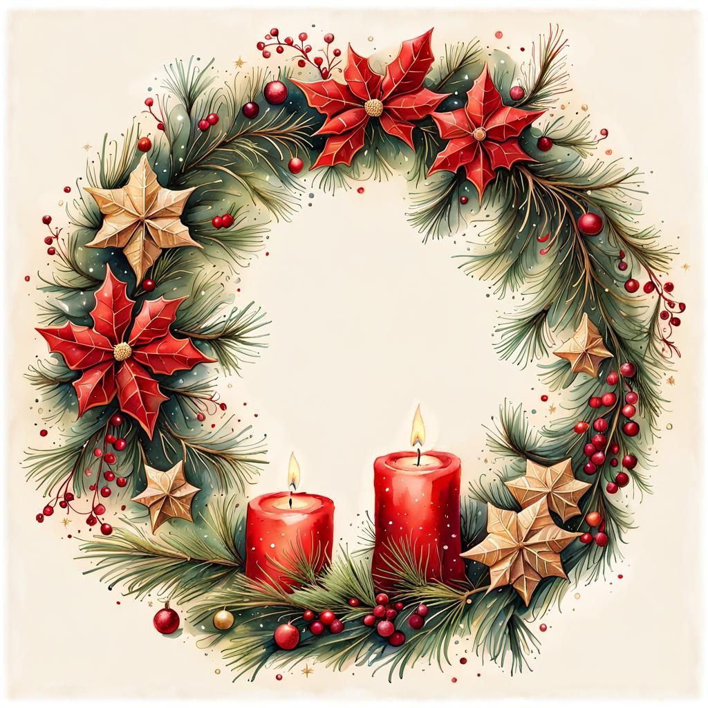 Festive Christmas Wreath with Twinkling Stars, Watercolor Ar...