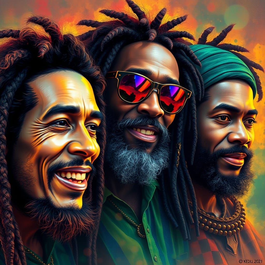 Reggae Legends Unite in Vibrant Art Nouveau Portrait