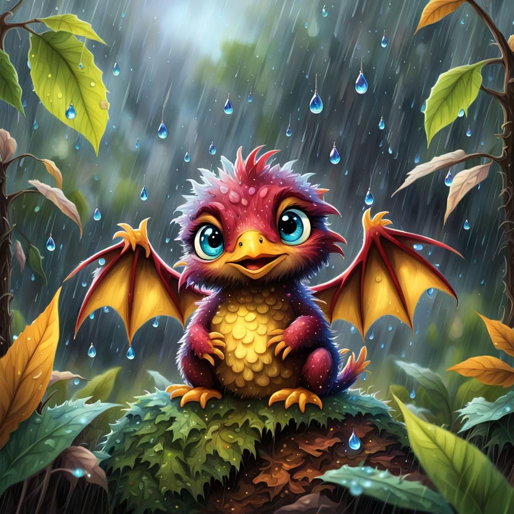 adorable, realistic portrayal of a tiny shivering chibia infant  baby Burgundy happy fluffy chick dragon with big blue e...
